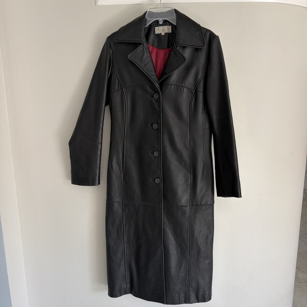 VTG 90 Wilsons Leather Pelle Studio Car Coat M Black Red Lining Corset Back Goth